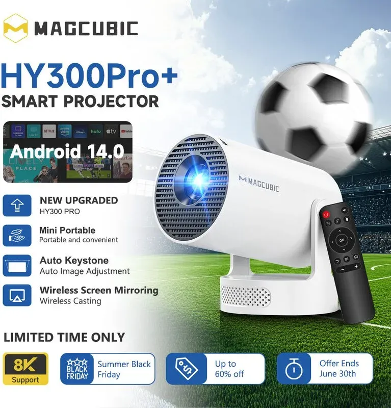 【Lite Entertainment】MAGCUBIC HY300Pro+ Mini-Beamer, 8K 1080P-Unterstützung mit WiFi 6 & BT 5.4, Android 14, 290 ANSI-Lumen Helligkeit mit 5W Soundbase-Lautsprecher, automatische vertikale Bildkorrektur, 180° drehbar, tragbar für Zuhause & Outdoor-Filme