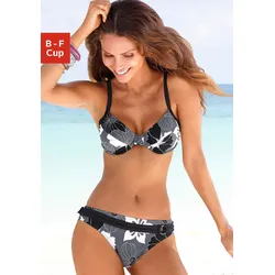 Bügel-Bikini LASCANA, Damen, Gr. 52, Cup D, grau (grau, bedruckt), Polyamid, Bikini-Sets, florales Design, Bikini-Hose mit Vordermieder, Hose mit Ziergürtel