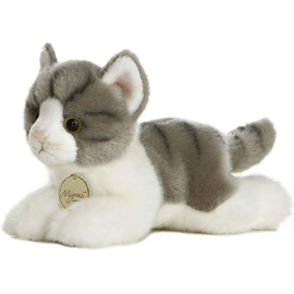AURORA 10813 - MiYoni Katze Tabby, liegend, grau/weiß, Plüschtier, 20 cm