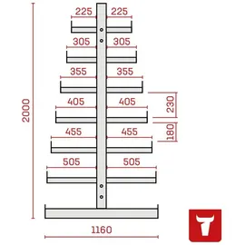 Stier Kragarmregal doppelseitig 2 Felder mit 6 absteigenden Ebenen 2600x2000x500mm enzianblau