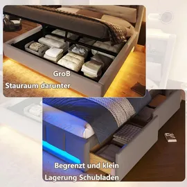 stilvora Polsterbett 140x200 cm mit LED-Lichtleiste und hydraulischem Stauraum, Doppelbett mit Staufächern und schwebendem Design, Jugendbett mit ... - Beige