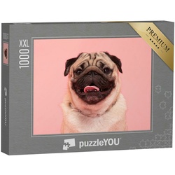 puzzleYOU Puzzle Puzzle 1000 Teile XXL „Lachender Mops auf rosa Hintergrund“, 1000 Puzzleteile, puzzleYOU-Kollektionen Mops, Hunde