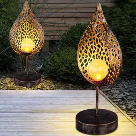 GLOBO 2x LED Solar Tisch Lampen Stand Feuer Effekt Hof Deko Tropfen Außen Glas Leuchte
