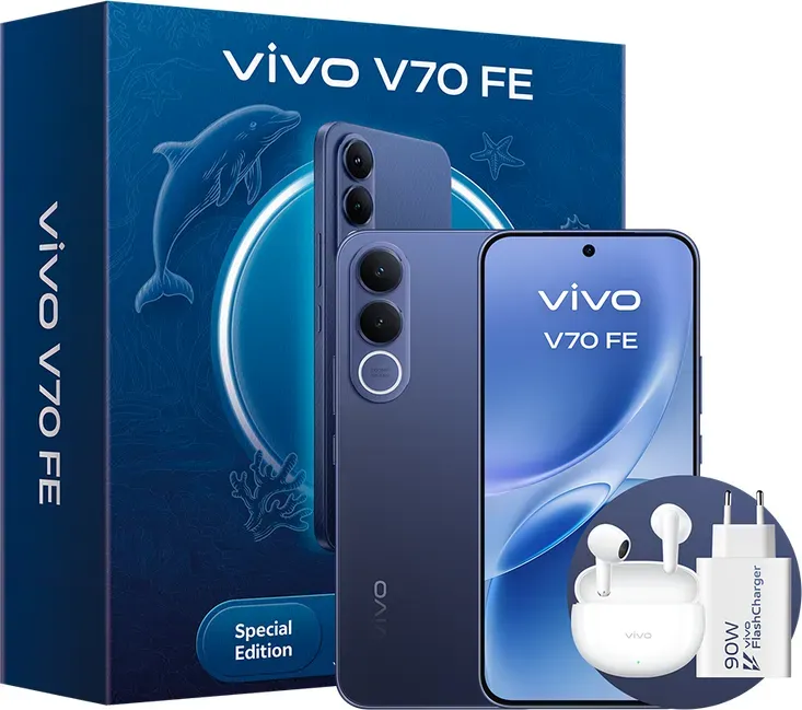 vivo V70FE 8+256 GB Bundle, Ocean Blue Smartphone, 200 MP OIS Ultra-Klare Hauptkamera, 7000 mAh BlueVolt-Akku, 90 W FlashCharge, 1,5K Ultra-Klare AMOLED-Display, IP68 & IP69 Mobiltelefon, Geschenk-Bundle [Energieeffizienzklasse B]