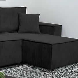 m-punkt Wohnlandschaft Ecksofa COMO Cord mit Bett Sofa Schlafsofa Ottomane rechts links universell - Schwarz