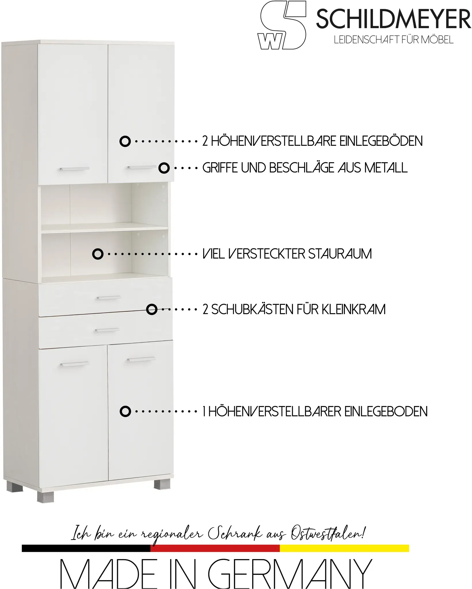 Schildmeyer Hochschrank »Palermo, Made in Germany«, Breite 60 cm, verstellbare Einlegeböden, Metallgriffe Schildmeyer weiß