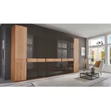 Drehtürenschrank WIEMANN "Cardiff, Massivholztüren in Kombination mit Glas- oder Spiegeltüren", braun (glas mocca), B:393,1cm H:216cm T:58cm, Floatglas, Holzwerkstoff, Hartfaserplatte, Massivholz, Schränke, hochwertiges Design in langlebiger Qualität, viel Stauraum