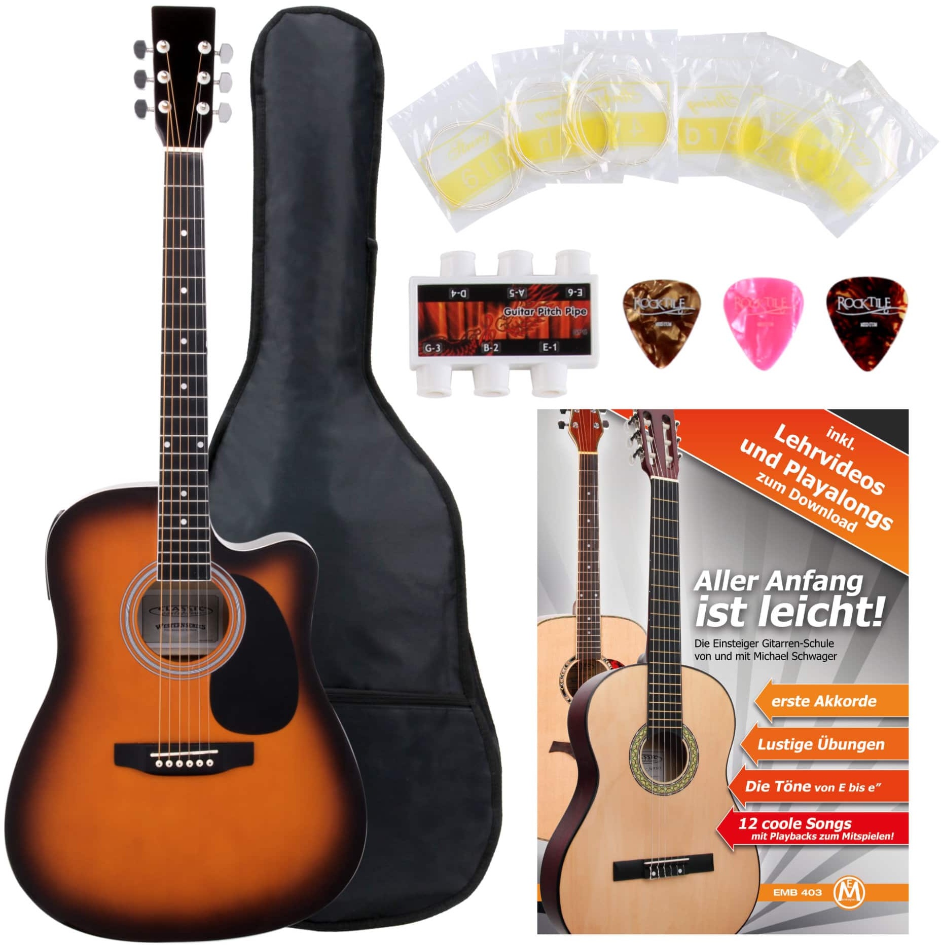 Classic Cantabile Westerngitarre mit Tonabnehmer Starter-Set inkl. 5-teiligem Zubehörset Sunburst