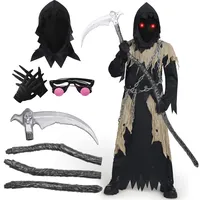 Spooktacular Creations Kinder Sensenmann Kostüm, Glühende Augen Sensenmann Kostüm für Jungen, Gruseliges Phantom Schwarzer Sensenmann Halloween Dress Up-XL