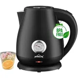 HOMELUX 1,7L Wasserkocher Edelstahl 2200W Retro Wasserkocher Elektrischer mit Analogem Thermometer & sichtbarer Wasserstand, LED-Beleuchtung, Schwarz - Schwarz