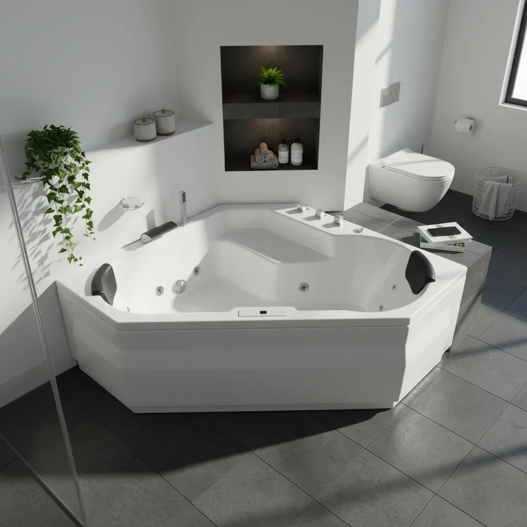 Indoor Whirlpool Eckbadewanne 145x145 cm, 24 Massagedüsen LED, Einbau für 2 Personen, Acryl, Caribia SAMOA Premium, Made in Germany
