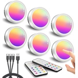 Kabellos LED Schrankbeleuchtung mit Fernbedienung und Timer, RGB LED Spot Akku USB Aufladbar Vitrinenbeleuchtung Ohne Kabel Rund Unterbauleuchte Magnet Schrankleuchte Batterie Touch Regal Beleuchtung