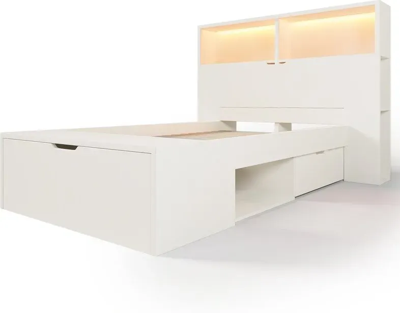 URBAN MEUBLE Holzbett Einzelbett 90x200 cm Weiß mit Stauraumschubladen, LED-Beleuchtung, USB-Anschlüsse – Möbel für Kinder- und Jugendzimmer
