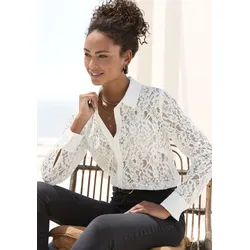 Spitzenbluse LASCANA, Damen, Gr. 46, weiß, Spitze, Obermaterial: 55% Baumwolle, 45% Polyamid. Einsatz: 100% Viskose, unifarben, sexy, figurumspielend hüftlang, Langarm, Blusen, mit Hemdblusenkragen, Spitzenbluse, transparente Bluse, festlich
