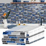 20 Stück Fliesenaufkleber, Mosaik Fliesenaufkleber 12x24,6 cm Badezimmer Selbstklebende Fliesendekor Aufkleber Backstein zum Küche Esszimmer Bad Fliesenfolie Deko (Blau)