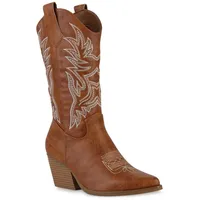 VAN HILL Damen Cowboystiefel Stiefel Stickereien Schuhe 840142 - braun