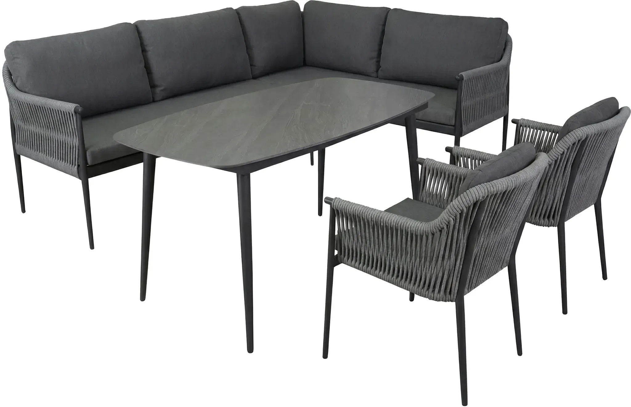 LC Garden »Bari« Dining Lounge Set mit 160cm Gartentisch und 2er Set Gartenstühle Anthrazit Rope Aluminium Gartenlounge inkl. Kissen