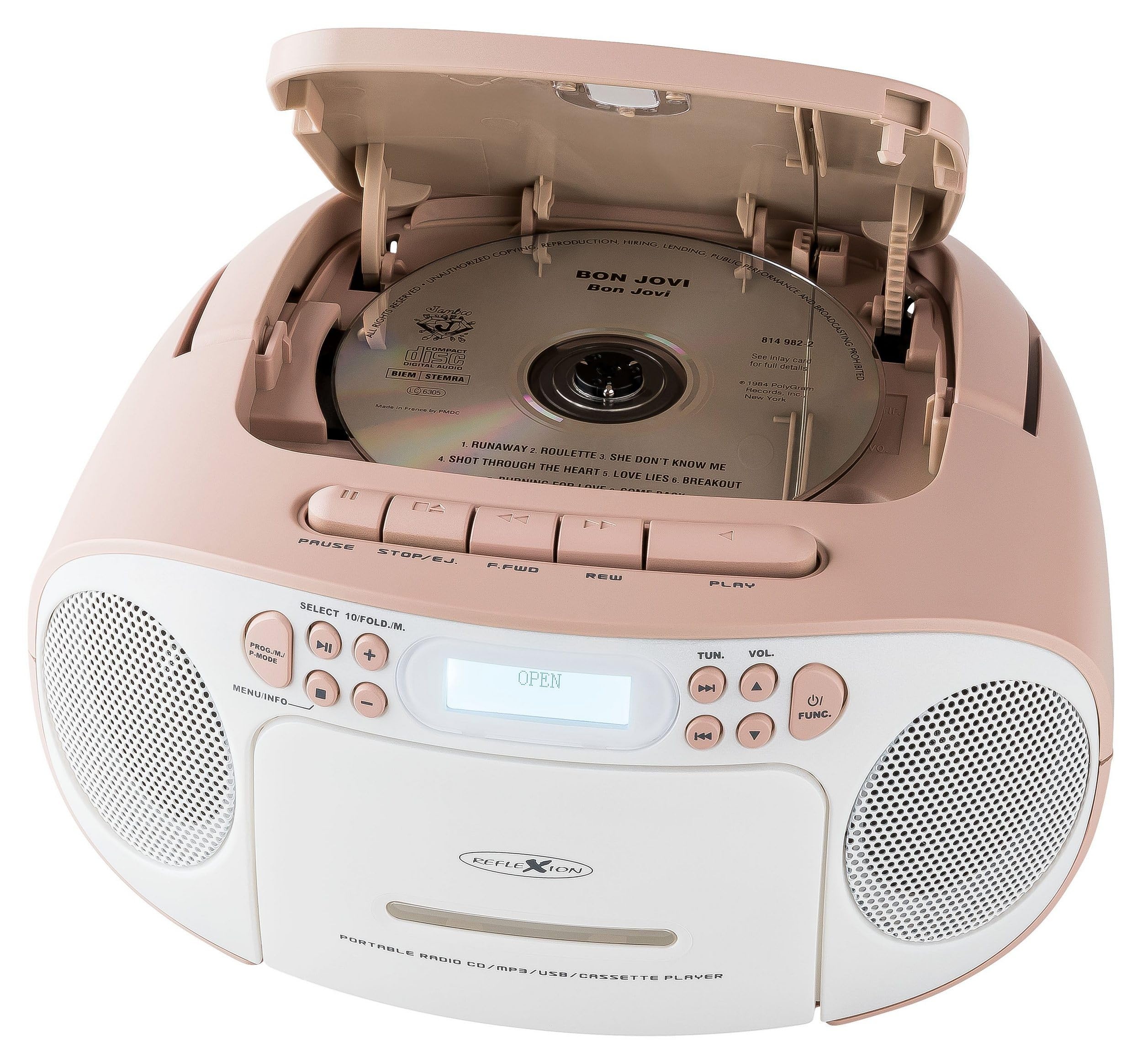 Reflexion RCR2260DAB/PK, Tragbares CD/MP3-Cassetten-USB-DAB+-Stereo Radio (2x12 Watt max. Musikleistung), 3,5 mm AUX-IN Anschluss und 3,5mm Kopfhörerausgang, Digitales LCD-Display,Pink