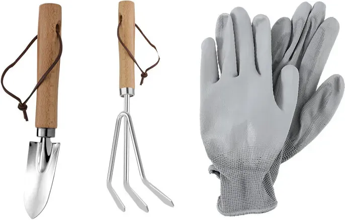 ochama x J.ZAO Mini-Gartenwerkzeug-Set aus Edelstahl, 3-teilig, 1 Paar Handschuhe, Dreizinkrechen, 1 Gartenschaufel