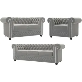 s-style möbel SITZGARNITUR mit Schlaffunktion 3+2+1 Chesterfield Nyx Grau Samt