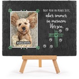 Tier-Schieferplatte Gedenktafel für Tiere - mit Foto bedrucken - Immer in meinem Herzen - Haustiere Grabtafel, Grabschmuck - Schiefertafel mit Staffelei, 15x20 cm I Personalisierte Erinnerung