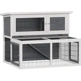 PawHut Hasenstall 2 Ebenen mit klappbar Dach Kaninchenstall aus Vollholz Winterfest Doppelstockhaus mit Freilaufgehege 122x95x93,5 cm Kaninchenkäfig Outdoor Kleintierstall für Hasen Kaninchen Grau   Aosom
