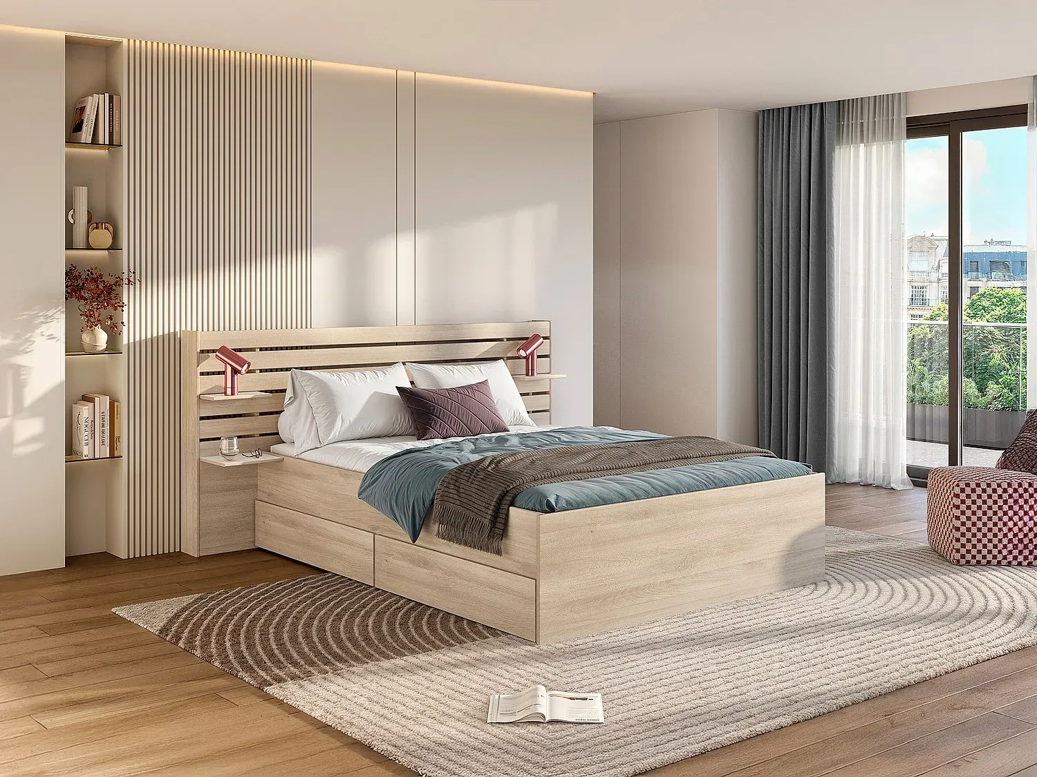 Bett mit Stauraum - 140 x 190/200 cm + Lattenrost + Matratze - Holzfarben - TENALIA II