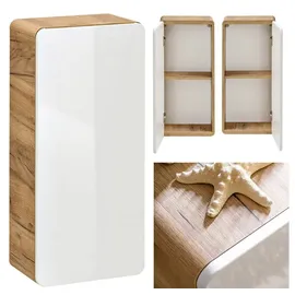 Lomadox Badmöbel Hängeschrank Wandschrank Hochglanz weiß, Wotan Eiche Nb., 1-türig, B/H/T ca. 35/75/22 cm