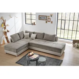 luma-home Ecksofa-Dauerschläfer, Doppelbett 306/223/95 cm Boxspring Federkern Ecksofa 306x223 Dauerschläfer, Bettkasten, Regal, Schwenkteil rechts, Kunstleder Beige+Mikrofaser Grau Braun, Beige