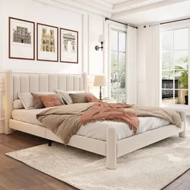 Okwish Polsterbett mit Matratze 180x200,Jugendbett mit Lattenrost und Kopfteil,Doppelbett mit Zylindrische Stützbeine,Beige - Beige