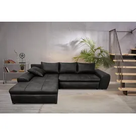 luma-home Ecksofa mit Schlaffunktion und Bettkasten 266/186/90 cm, Ottomane links, Mikrofaser Leder-Optik Schwarz 18016