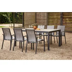 SIENA GARDEN Velia / Silva Garten-Essgruppe, anthrazit/washed grey, Alu/Ranotex/Keramik, 6 Sessel, Tisch 180 x 100 cm