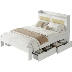 OKWISH Stauraumbett 140x200 cm Weiß mit Rattan Kopfteil, Ablageregal, 4 Schubladen, modernes Holz Doppelbett für kleine Wohnungen Schlafzimmer