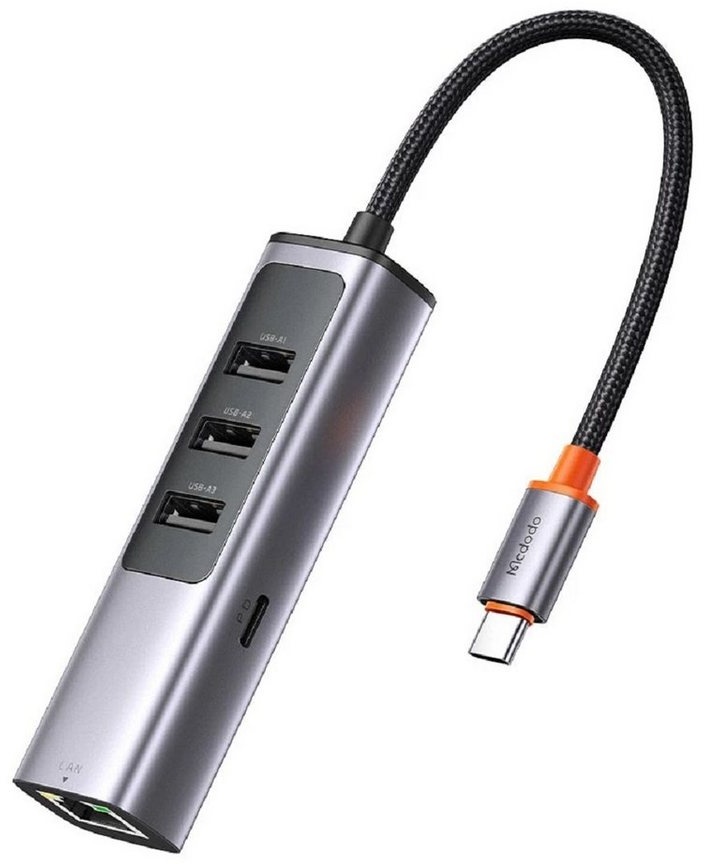 mcdodo 5 in 1 100W PD Type C Port + 3 Port USB Hub + LAN Port USB Hub Smartphone-Adapter grau