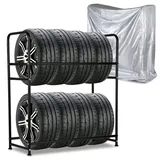 Ikodm Reifenregal für 8 Reifen, Reifenständer 2 Schichtenn Höhenverstellung, Lagerregale, Ladekapazität 180kg mit Reifenschutzhülle, 107 x 46 x 117cm für Garage Keller Werkstatt