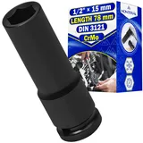 Schlagschrauber Nuss 1/2 Zoll x 15 mm DIN 3121 - Schlagnuss Lang 78 mm - Stecknuss ist Hergestellt aus Legiertem Chrommolybdänstahl CrMo - MONTERAL