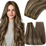 YoungSee Echthaar Tressen zum Einnahen Blond 50cm Tressen Echthaar Dunkelbraun Strahnchen Blond Tressen Extensions Echthaar Remy Haartressen Echthaar Weft Extensions Echthaar Tressen 100g #P4/27