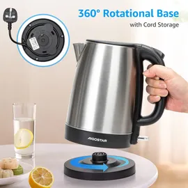 Aigostar 1,7 L, Wasserkocher Edelstahl , 2200W Elektrischer Wasserkocher mit Kalkfilter, Schwarz