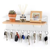 LLCS® Schlüsselbrett mit Ablage, Holz Schlüsselboard, Weiss Schlüsselhalter Wand, Schlüsselablage Wand mit 8 Schlüsselhaken, Metall und Holz Schlüsselbrett für Eingang, Flur, Wohnzimme