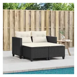vidaXL Gartensofa 2-Sitzer mit Hockern Schwarz Poly Rattan