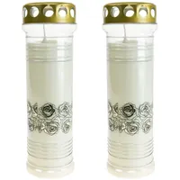 Viana Grabkerze Grabkerzen Rosen Weiß Trauerlicht Säulenform wetterfest 100h 2er-Set