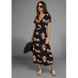 LAURA SCOTT Sommerkleid LAURA SCOTT, Damen, Gr. 36, N-Gr, schwarz, orange, geblümt, Jersey, Obermaterial: 95% Viskose, 5% Elasthan, geblümt, figurumspielend wadenlang, V-Ausschnitt, Kleider Sommerkleid, mit romantischem Blumendruck und Raffung, Midikleid, Topseller
