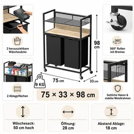 DanDiBo Ambiente DanDiBo Wäschekorb mit Rollen und 2 Ablage Wäscheregal Wäschesammler 2 Fächer 96698 Wäschebox Regal Wäschetonne Wäschewagen Wäschesortierer...