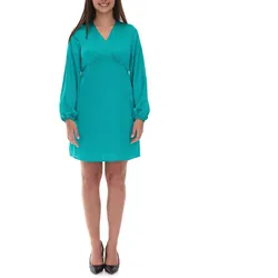 Damen nachhaltiges Sommer-Kleid mit Raffung aus Satin leichtes Party-Kleid mit V-Ausschnitt modernes Mini-Kleid 946472 Türkis - 38