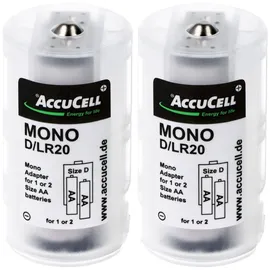 AccuCell Universal Mono D Adapter im 2er Pack für 1 oder 2 Mignon, AA, LR6, FR6 Batterie oder Akku
