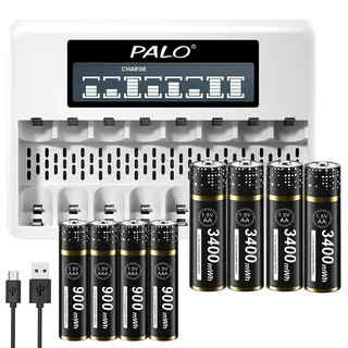 Akku Ladegerät mit Akku AA 4 stück & AAA 4 stück, 8 Fach LCD Individual Batterie Ladegerät Für Mignon AA und Micro AAA Batterien Lithium