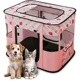 ALLSOPETS Faltbarer Haustierstall Tragbarer Katzen Laufstall Hunde Zelt Hundekäfig für Hund Welpe Freigehege Hundebox Kaninchen Zwinger mit Tragbar Handtasche (Rosa Erdbeeren, XL)