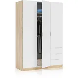 Habitdesign Kleiderschrank mit drei Türen und drei Schubladen, Eichenfarbe und Artikweiß, Maße 121 x 180 x 52 cm