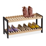 Relaxdays Schuhregal, 2 Ebenen, für 6 Paar Schuhe, offen, Schuhständer HBT: 33 x 70 x 26 cm, Bambus, MDF, natur/schwarz