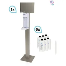 Blanc HYGIENIC SET: Armhebelspender Blanc UNIVERSAL + Bodenständer Edelstahl mit Infotafel + Händedesinfektion 6 Flaschen à 500 ml